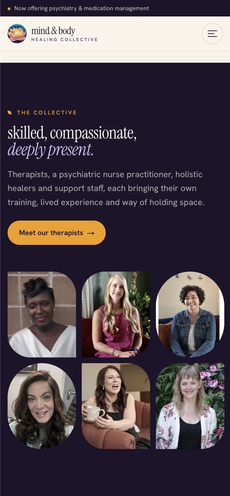 The website we built for Mind & Body Healing Collective, on a phone