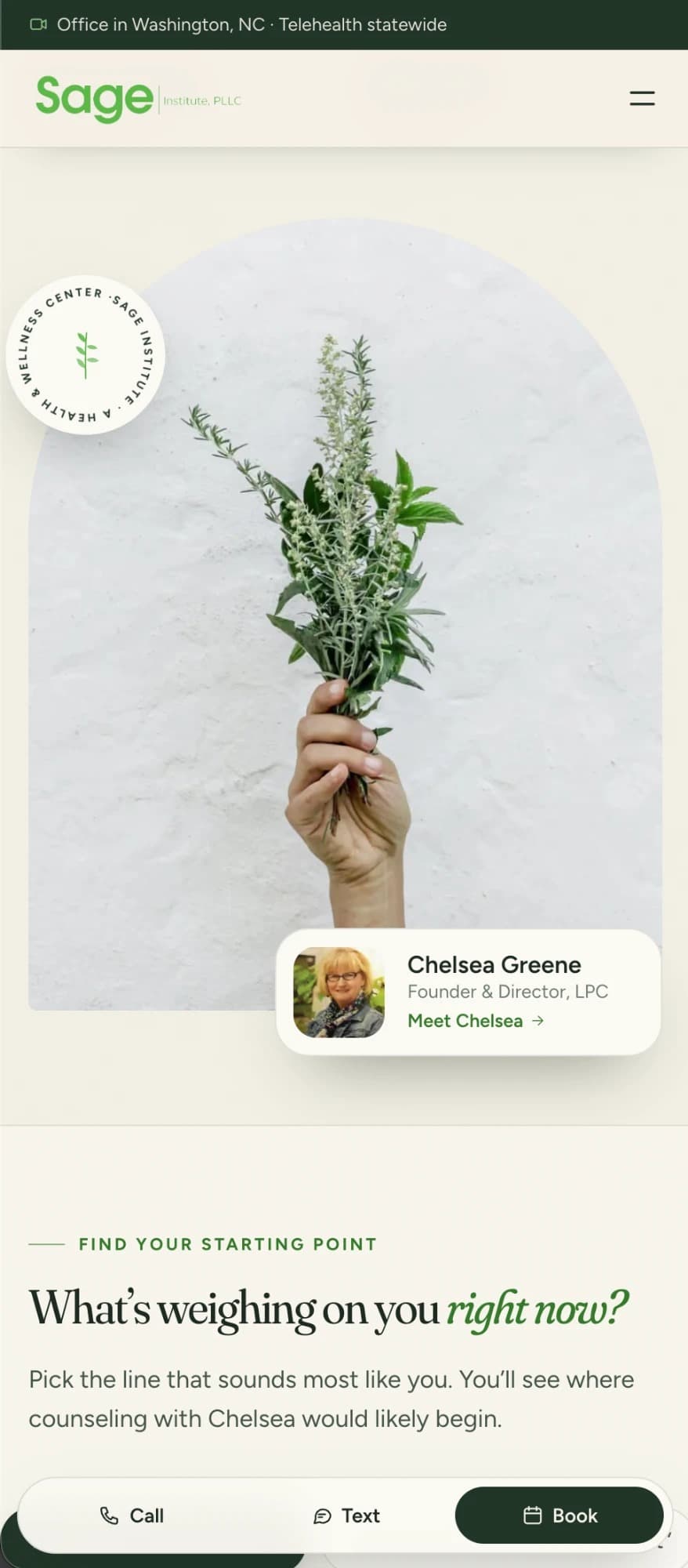The website we built for Sage Institute, on a phone
