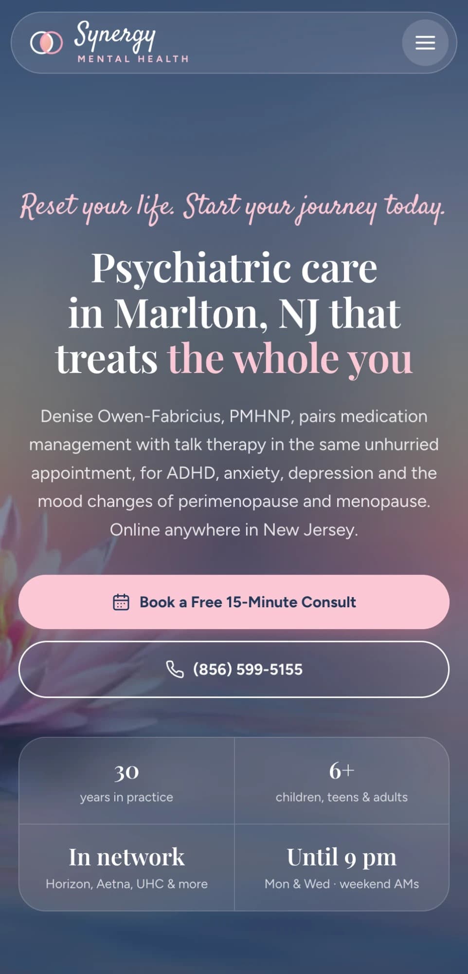 The website we built for Synergy Mental Health, on a phone