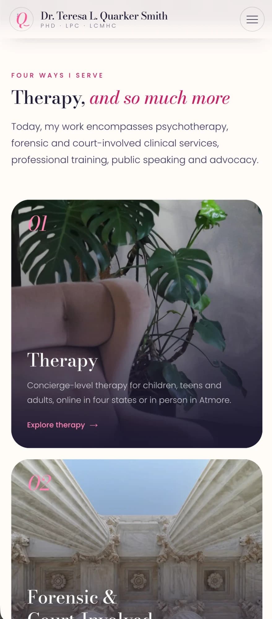 The services page we built for Dr. Teresa L. Quarker Smith, on a phone